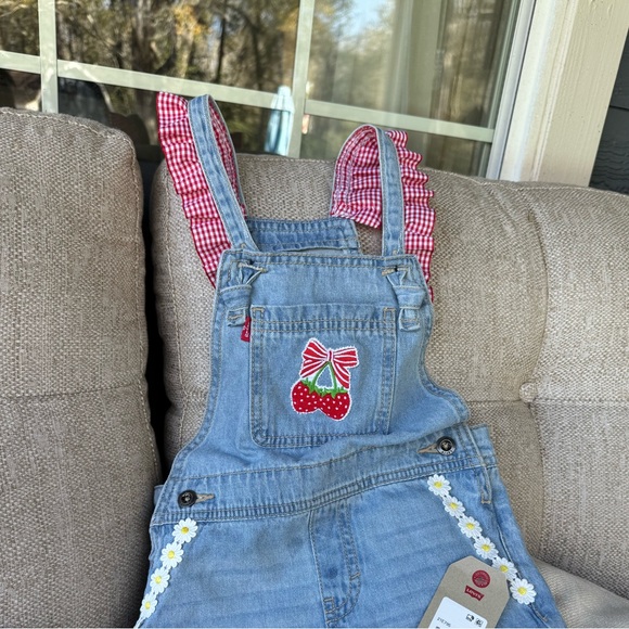 Levi's Customized Blue Overalls with Hand-sewn Red and White Strawberry Details - Picture 4 of 16